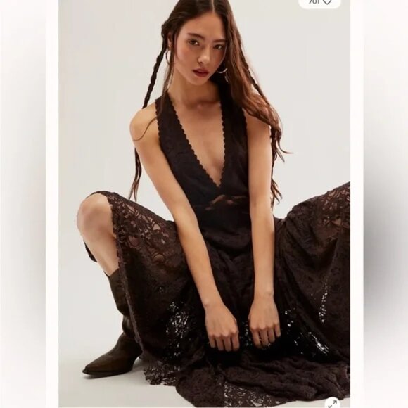 Free People One More Night Pieced Lace Ethereal flounce hem Maxi Dress in Onyx 6 - Picture 5 of 12